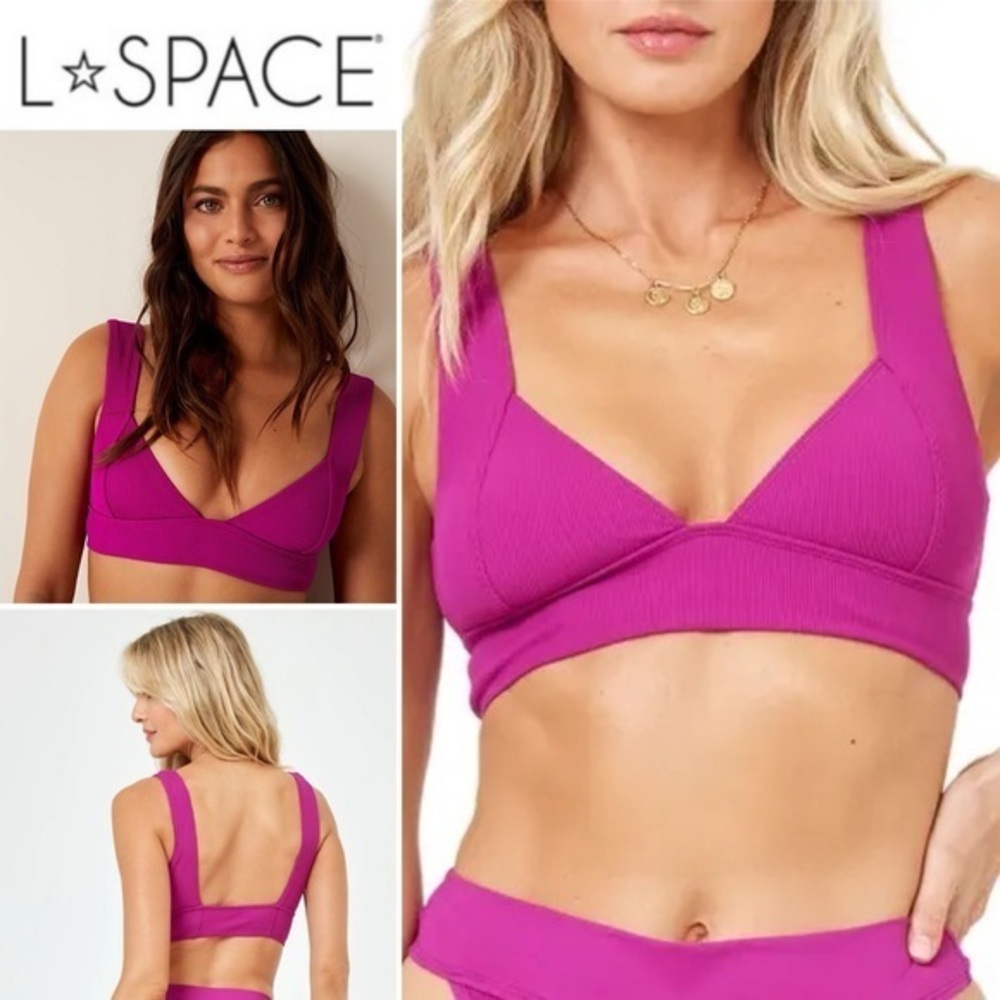 L*Space Hailey berry-pink ribbed triangle bralette Top in Fuchsia sz L 98$